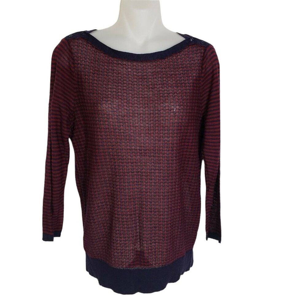 LOFT Ann Taylor Womens Top Medium Red Navy Blue Check Sheer Knit Stretch 3/4 Slv